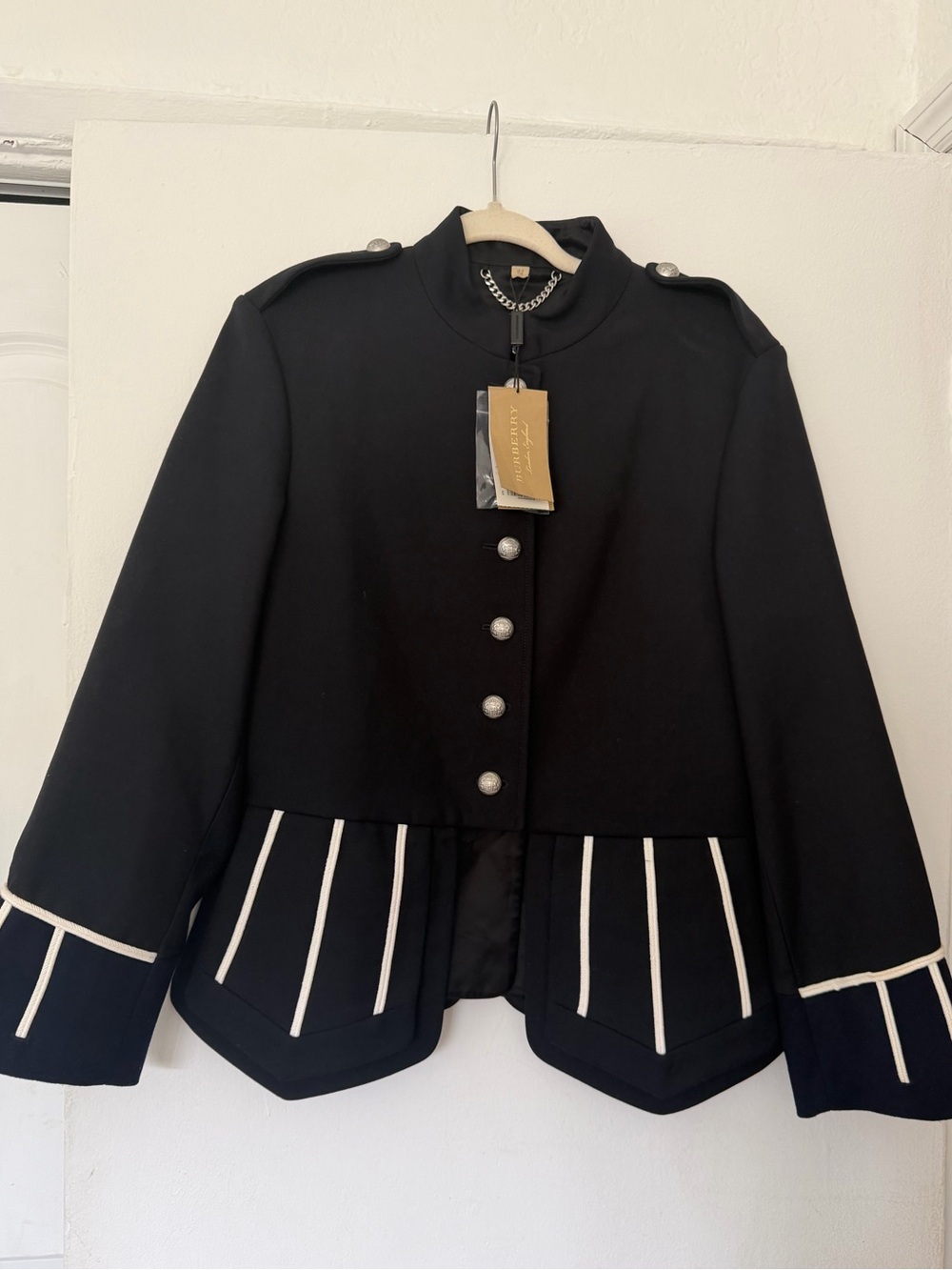 Burberry Women's Black Military-Style Jacket with White Trim - Picture 2 of 13